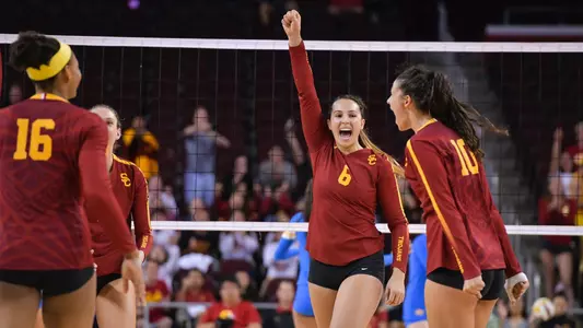 USC women's volleyball junior opposite hitter Emily Baptista celebrates a point over UCLA.