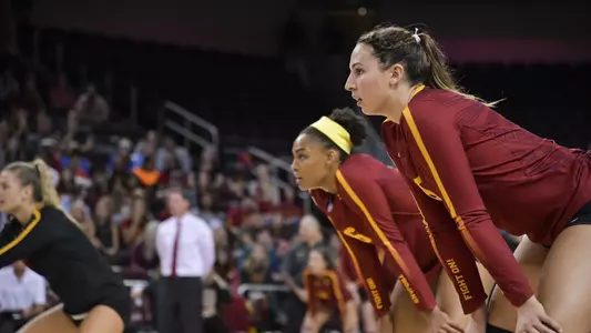 USC women's volleyball junior opposite hitter Emily Baptista waits to receive serve