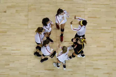 USC women's volleyball team huddle.