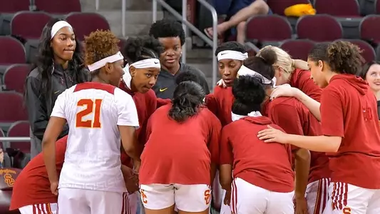 The team huddles up before a game at Galen Center