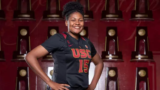Incoming Trojan Angel Jackson poses in a USC uniform