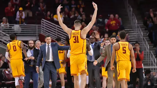 USC Trojans center Nick Rakocevic celebrates against Stanford Cardinal