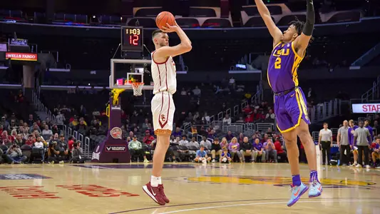 USC Trojans Basketball center Nick Rakocevic shoots 3-pointer vs. LSU Tigers at STAPLES Center