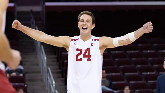 Ryan Moss cheers after winning a point against Princeton.