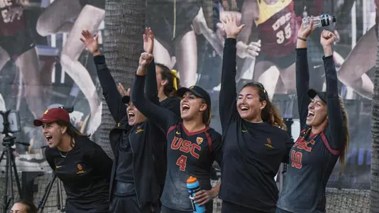 USC beach volleyball celerbates a win over Stetson