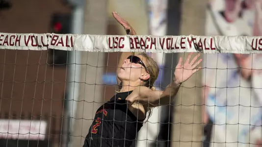 USC beach volleyball senior Alexandra Poletto attacks