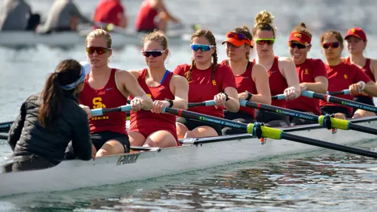 USC Women's Rowing races down the waters of the Port of Los Angeles.