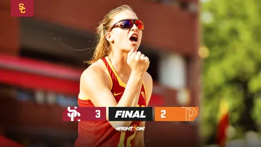 USC beach volleyball final graphic: USC 3, Pepperdine 2