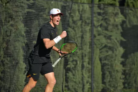 Laurens Verboven cheers a point won in a match vs. Stanford