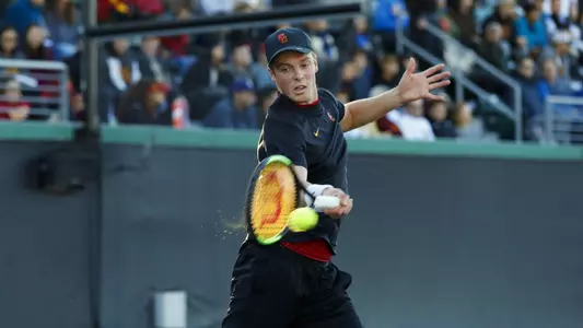 Laurens Verboven rips a forehard in a match at Marks Stadium