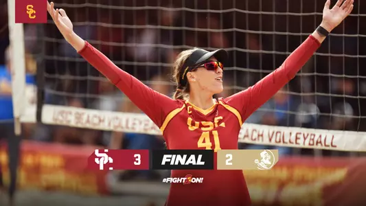 USC beach volleyball final graphic: USC 3, Florida State 2