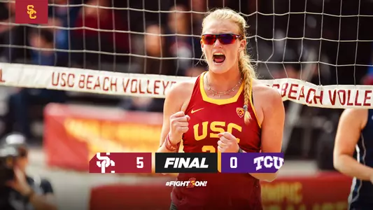 USC beach volleyball final graphic: USC 5, TCU 0