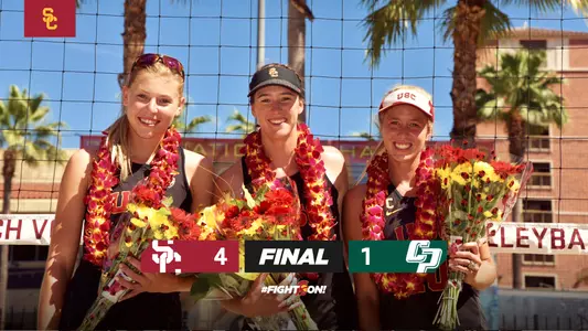 USC beach volleyball final graphic: USC 4, Cal Poly 1