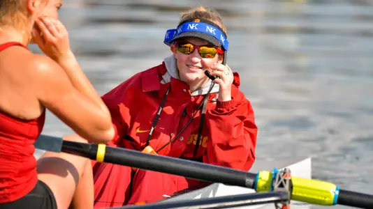 Annika Christensen coxes the varsity eight.
