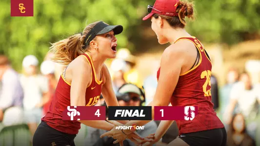 USC beach volleyball final score graphic: USC 4, Stanford 1