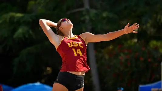 USC beach volleyball Tina Graudina attacks the ball