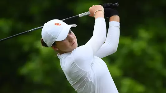 Gabriela Ruffels fires a shot in the second round of the 2019 NCAA Women's National Golf Championship at the Blessings Golf Club on Saturday, May 18, 2019 in Fayetteville, Arkansas.