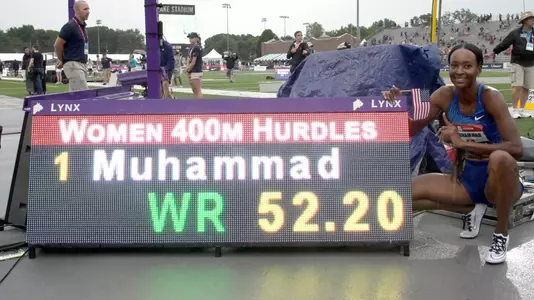 Dalilah Muhammad near WR mark on scoreboard