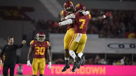 USC Trojans tailback Stephen Carr celebrates with Vavae Malepeai
