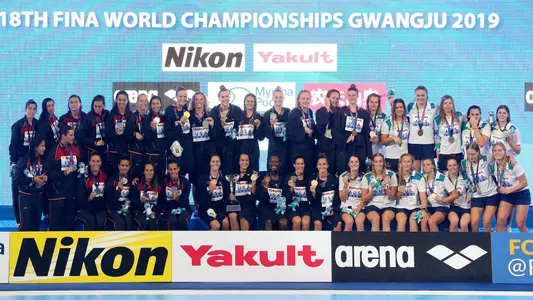 GWANGJU, SOUTH KOREA - JULY 26: (L-R) Silver medalists Team Spain, gold medalists Team United States and bronze medalists Team Australia pose during the medal ceremony for the Women's Water Polo on day 14 of the Gwangju 2019 FINA World Championships at Nambu University on July 26, 2019 in Gwangju, South Korea. (Photo by Catherine Ivill/Getty Images)