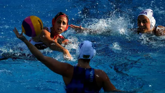 Joelle Bekhazi (blue) of Canada shoots during the Women's Water Polo Group A, preliminary round match between Brazil and Canada on day seven of the Budapest 2017 FINA World Championships on July 20, 2017 in Budapest, Hungary