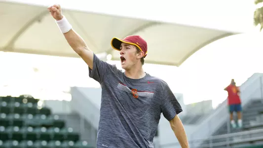 Ryder Jackson celebrates his first dual-match win as a Trojan