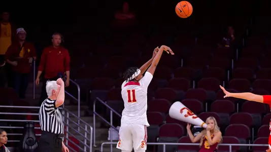 Alijah Jeune knocks down a 3-pointer at Galen Center