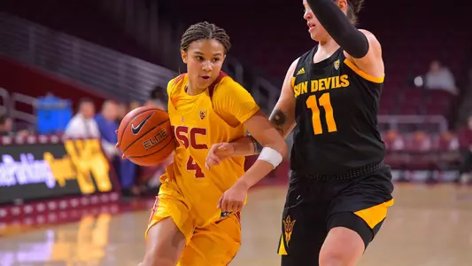 Endyia Rogers takes it to the hoop vs. ASU at Galen Center