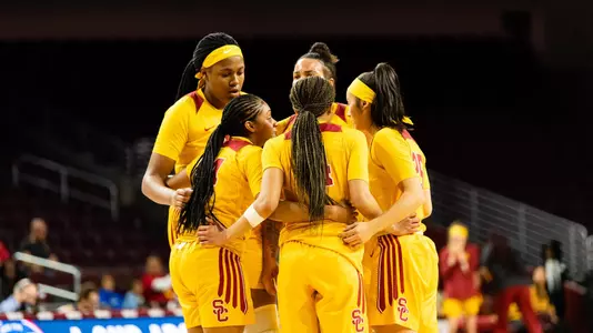 USC players huddle up during a game vs. ASU at Galen Center