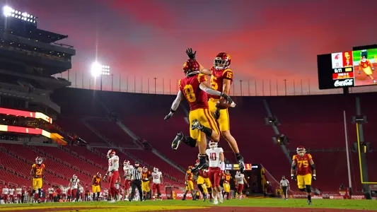 USC Trojans Football receivers Amon-Ra St. Brown and Drake London celebrate