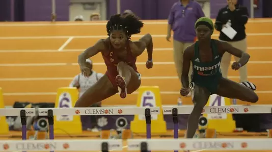 Anna Cockrell over hurdle at Clemson indoors