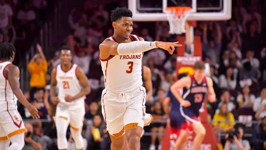 USC Trojans Basketball Guard Elijah Weaver celebrates versus Arizona Wildcats