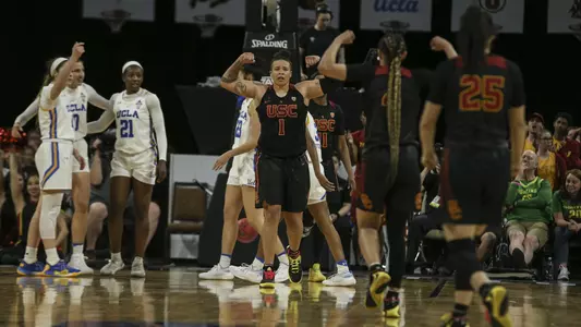 Kayla Overbeck celebrates an and-1 in the Pac-12 quarterfinals