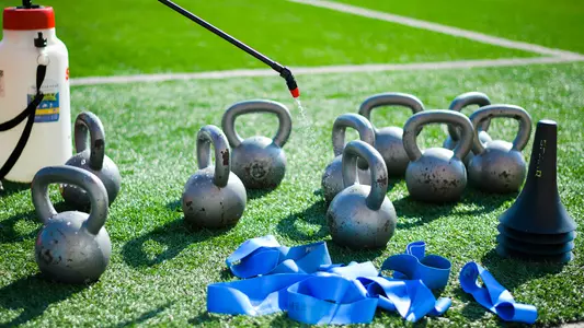 Outdoor weights sanitized at USC Trojans workouts