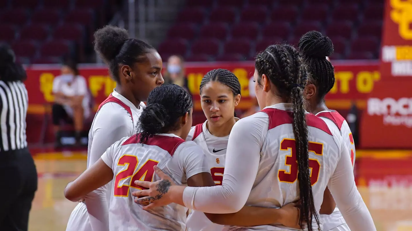 USC huddles up during the game Galen Center