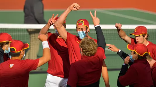 Riley Smith leads the USC huddle up for a prematch cheer at Marks Stadium