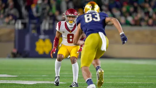 USC Trojans Football cornerback Chris Steele defends against Notre Dame Fighting Irish