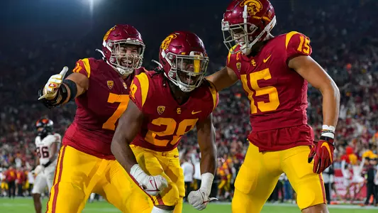 USC Trojans Football's Keaontay Ingram, Drake London and Liam Jimmons celebrate