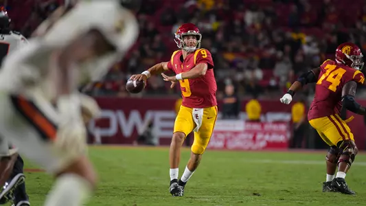 USC Trojans Football quarterback Kedon Slovis passes against Oregon State Beavers
