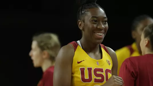 Jordan Sanders smiles during a USC win over CSUN at Galen Center