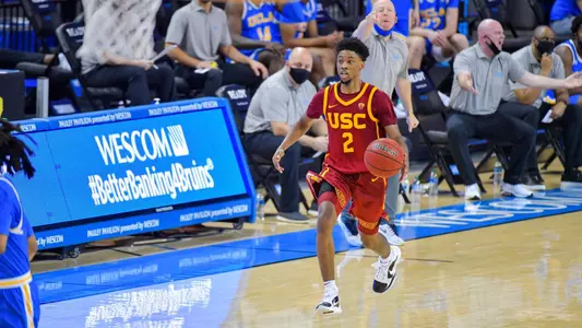 Tahj Eaddy brings ball upcourt at UCLA
