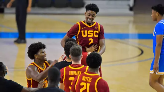 USC Trojans guard Tahj Eaddy celebrates after hitting game-winner over UCLA Bruins
