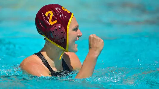 Maud Megens cheers a big goal scored before halftime vs. Stanford.