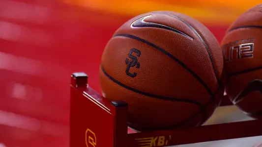 Ball rack at a USC Trojans Basketball game
