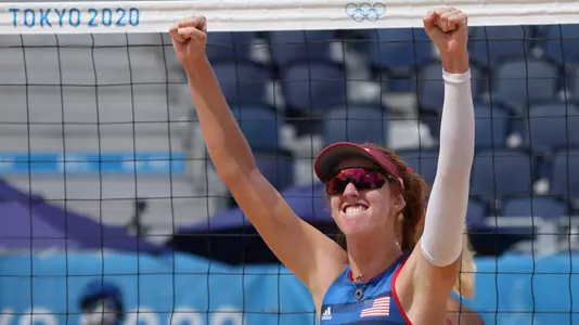 United States Olympics beach volleyball player Kelly Claes celebrates