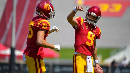 USC Trojans Football Kedon Slovis and Drake London celebrate