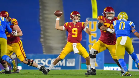 USC Trojans Football quarterback Kedon Slovis passes vs. UCLA