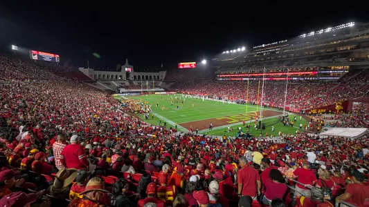 USC Trojans Football game at night at United Airlines Field at Los Angeles Memorial Coliseum