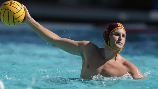 Jake Ehrrhardt looks to shoot in a USC win at Uytengsu Aquatics Center