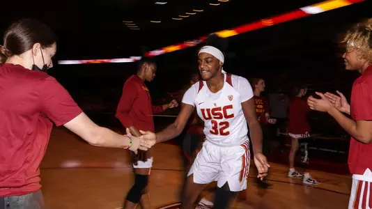 Jordyn Jenkins takes the court during starting lineup introductions at Galen Center